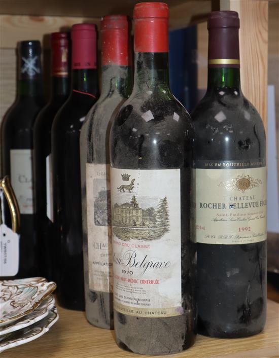 Nine assorted Bordeaux wines including Ch.Belgrave 1970, Ch. du Cartllion, 1969 (2), Ch. du Breuil, 2000 and Ch.Rocher bellevue figeac,